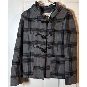 Aeropostale Plaid Toggle Coat Womens Small Wool Blend Hooded Duffle Jacket Gray